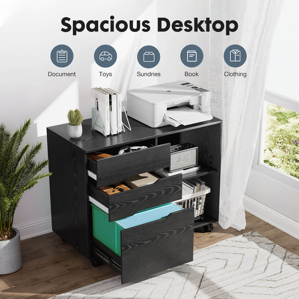 CONCETTA Lateral File Cabinet - with 3 Drawers, Rolling Wooden File Storage Drawer, Black Printer Stand Under Desk Organiser for Office, Home