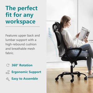 CONCETTA Ergonomic office chair - high back with wheels, adjustable headrest and flip-up armrests for bedroom, study, living room, office