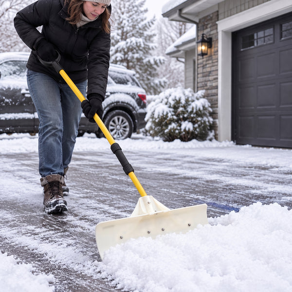 CONCETTA 30"/36" Snow Pusher, Wide Snow Plow Shovel with Non-Stick Poly Blade, Reinforced Metal Handle, Heavy-Duty Winter Removal Tool for Driveways & Sidewalks, White