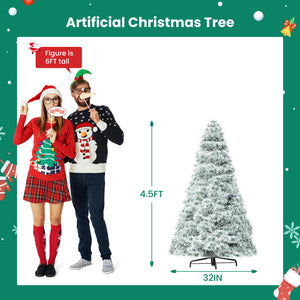 Artificial Full Christmas Tree, Flocked Snow Trees with Pine Cone Decoration, Includes Stand, Incandescent Lights & Foldable Base for Home, Office, Party