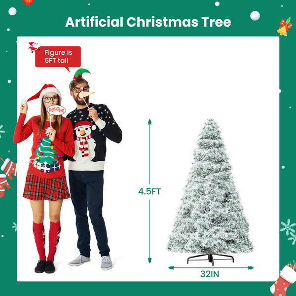 Artificial Full Christmas Tree, Flocked Snow Trees with Pine Cone Decoration, Includes Stand, Incandescent Lights & Foldable Base for Home, Office, Party