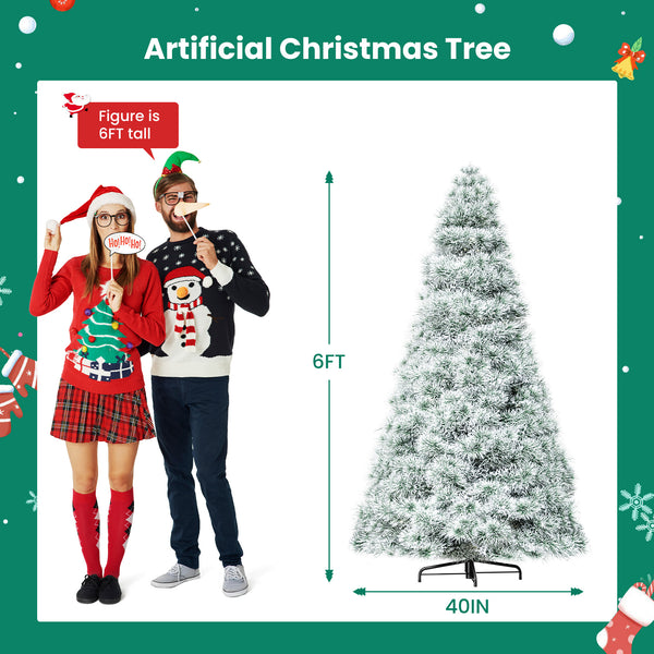 Artificial Full Christmas Tree, Flocked Snow Trees with Pine Cone Decoration, Includes Stand, Incandescent Lights & Foldable Base for Home, Office, Party