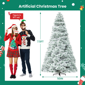 Artificial Full Christmas Tree, Flocked Snow Trees with Pine Cone Decoration, Includes Stand, Incandescent Lights & Foldable Base for Home, Office, Party