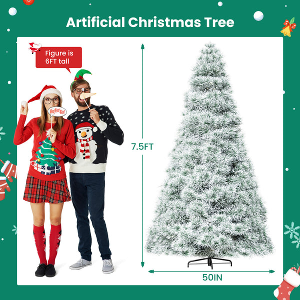 Artificial Full Christmas Tree, Flocked Snow Trees with Pine Cone Decoration, Includes Stand, Incandescent Lights & Foldable Base for Home, Office, Party