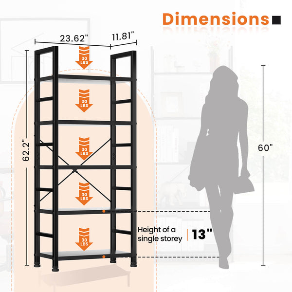 CONCETTA 5-Tier Bookcase - Tall Bookshelf Modern Book Case for Books, Garage Kit, CDs, Movies,  for Bedroom Home Office Kitchen Living Room