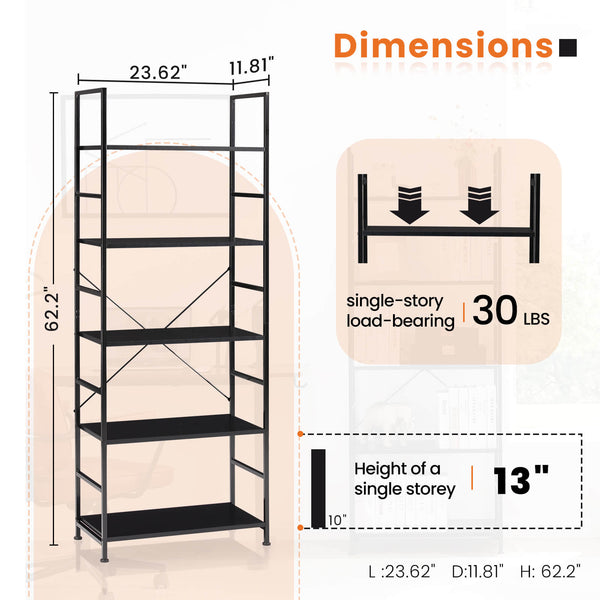 CONCETTA 5-Tier Bookcase - Tall Bookshelf Modern Book Case for Books, Garage Kit, CDs, Movies,  for Bedroom Home Office Kitchen Living Room