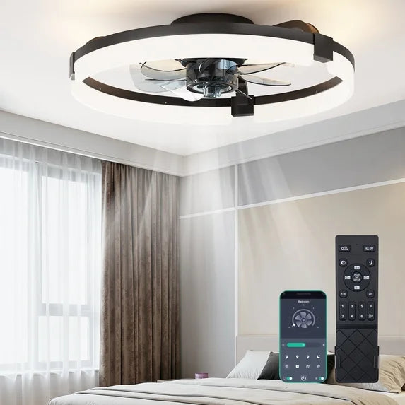 CONCETTA Low Profile Ceiling Fan with Light, 19in Flush Mount Bladeless Fan, Dimmable LED with App & Remote Control, Reversible Quiet Fan for Bedroom