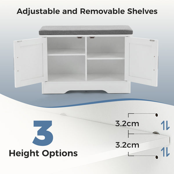 CONCETTA White Storage Bench, Padded Seat Entryway Shoe Bench Featuring 4 Barn Doors and Adjustable Storage Shelf