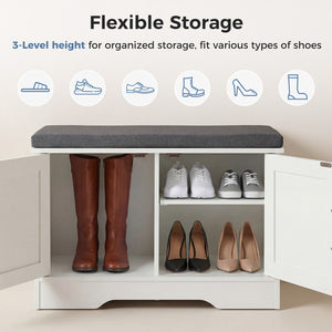 CONCETTA White Storage Bench, Padded Seat Entryway Shoe Bench Featuring 4 Barn Doors and Adjustable Storage Shelf