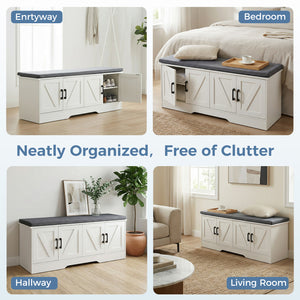 CONCETTA White Storage Bench, Padded Seat Entryway Shoe Bench Featuring 4 Barn Doors and Adjustable Storage Shelf