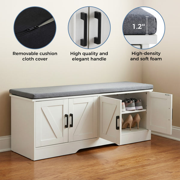 CONCETTA White Storage Bench, Padded Seat Entryway Shoe Bench Featuring 4 Barn Doors and Adjustable Storage Shelf