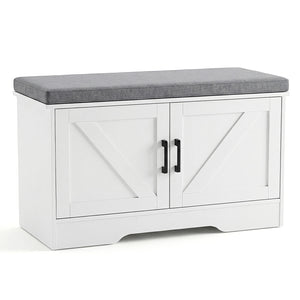 CONCETTA White Storage Bench, Padded Seat Entryway Shoe Bench Featuring 4 Barn Doors and Adjustable Storage Shelf
