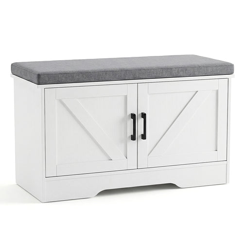 CONCETTA White Storage Bench, Padded Seat Entryway Shoe Bench Featuring 4 Barn Doors and Adjustable Storage Shelf