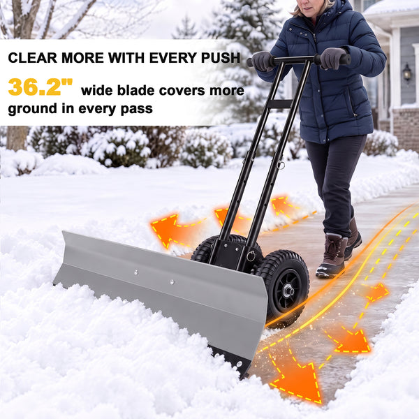 SHOUFTW 36 Inch Snow Shovel with Wheels, 2-Wheel Heavy Duty Carbon Steel Snow Pusher, Adjustable Handle & Blade Angle, for Driveway Yard Sidewalk Winter Snow Removal