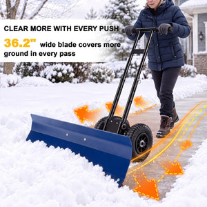 SHOUFTW 36 Inch Snow Shovel with Wheels, 2-Wheel Heavy Duty Carbon Steel Snow Pusher, Adjustable Handle & Blade Angle, for Driveway Yard Sidewalk Winter Snow Removal