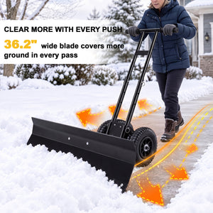 SHOUFTW 36 Inch Snow Shovel with Wheels, 2-Wheel Heavy Duty Carbon Steel Snow Pusher, Adjustable Handle & Blade Angle, for Driveway Yard Sidewalk Winter Snow Removal
