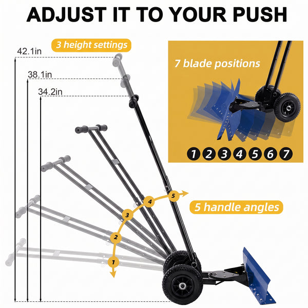 SHOUFTW 36 Inch Snow Shovel with Wheels, 2-Wheel Heavy Duty Carbon Steel Snow Pusher, Adjustable Handle & Blade Angle, for Driveway Yard Sidewalk Winter Snow Removal