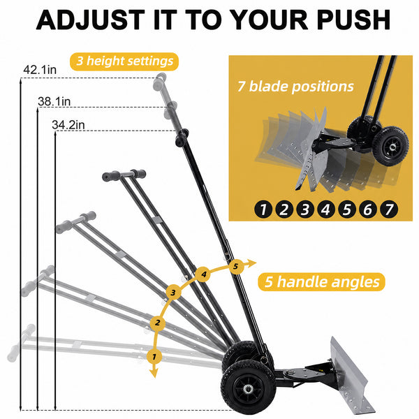 SHOUFTW 36 Inch Snow Shovel with Wheels, 2-Wheel Heavy Duty Carbon Steel Snow Pusher, Adjustable Handle & Blade Angle, for Driveway Yard Sidewalk Winter Snow Removal