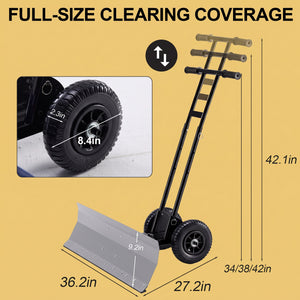 SHOUFTW 36 Inch Snow Shovel with Wheels, 2-Wheel Heavy Duty Carbon Steel Snow Pusher, Adjustable Handle & Blade Angle, for Driveway Yard Sidewalk Winter Snow Removal