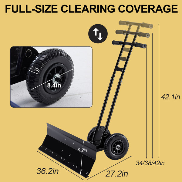 SHOUFTW 36 Inch Snow Shovel with Wheels, 2-Wheel Heavy Duty Carbon Steel Snow Pusher, Adjustable Handle & Blade Angle, for Driveway Yard Sidewalk Winter Snow Removal