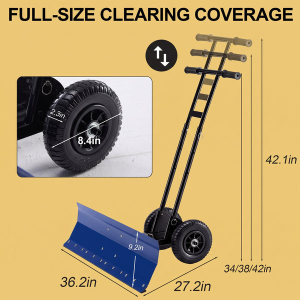 SHOUFTW 36 Inch Snow Shovel with Wheels, 2-Wheel Heavy Duty Carbon Steel Snow Pusher, Adjustable Handle & Blade Angle, for Driveway Yard Sidewalk Winter Snow Removal