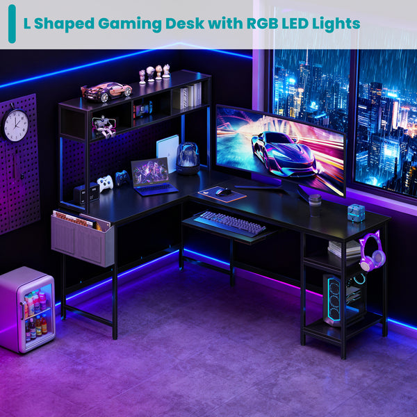 67" Reversible L-Shaped Desk with LED Lights, Power Outlets, Drawer, Keyboard Tray & Hutch