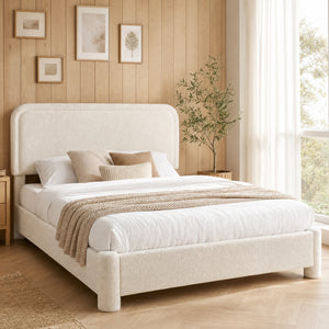 CONCETTA Bed Frame with Boucle Upholstery, Modern Platform Bed with Headboard, Soft Rounded Corners, No Box Spring Needed, Easy Assembly, White