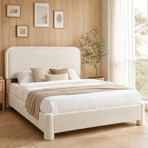 CONCETTA Bed Frame with Boucle Upholstery, Modern Platform Bed with Headboard, Soft Rounded Corners, No Box Spring Needed, Easy Assembly, White