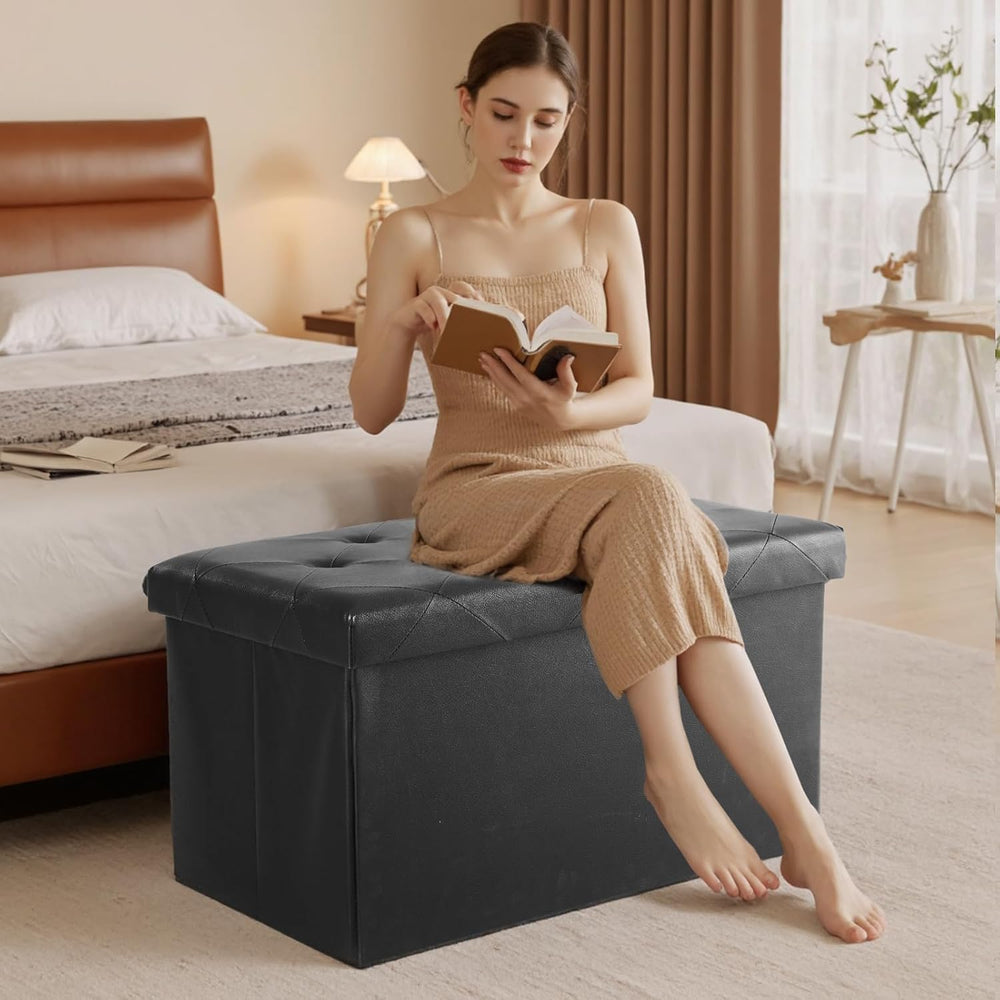 JOINSUN 30" Storage Ottoman – Foldable Faux Leather Stool with Storage, 660 lb Capacity, for Bedroom, Living Room, Entryway, Black