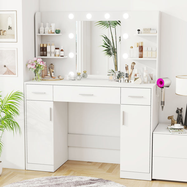 CONCETTA Modern Adult Vanity Desk 1 Piece with Mirror, Power Outlet and Lights, White Table Set