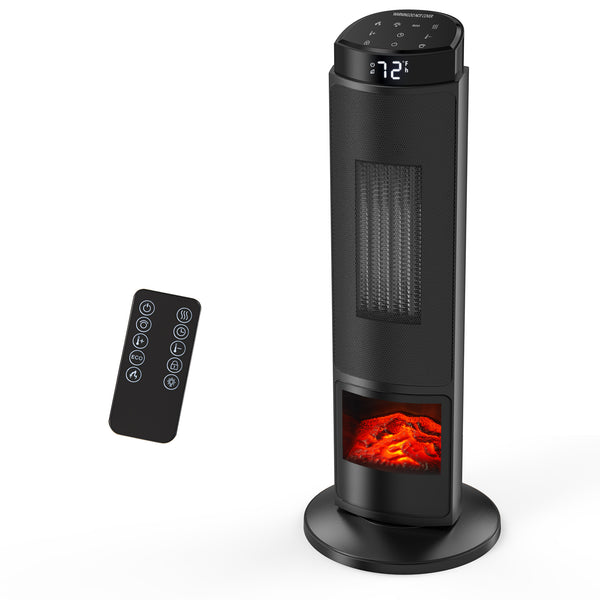 1500W Tower Space Heater with Fireplace Effect, Oscillating Electric Heater with Remote Control