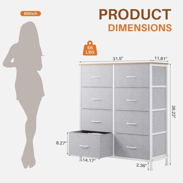CONCETTA 8-Drawer Fabric Dresser, Storage Organizer Cabinet for Living Room, Bedroom, Office