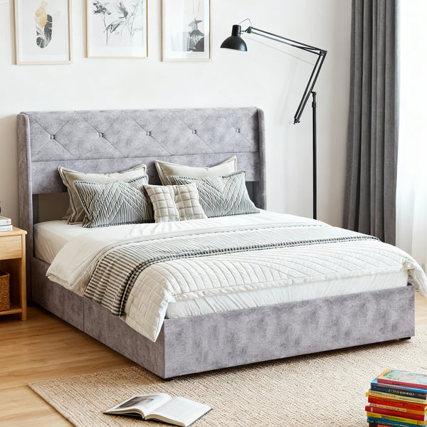 CONCETTA Metal full-size lift storage bed, modern wing-style headboard, velvet soft cushions, hydraulic support, no need for spring box, gray