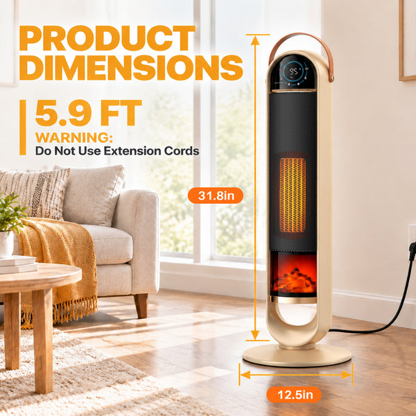 SHOUFTW 1500W Tower Space Heater for Indoor Use, Electric Heater with Static Simulated Flame, 45° Oscillation, Child Lock, Overheat & Tip-Over Safety