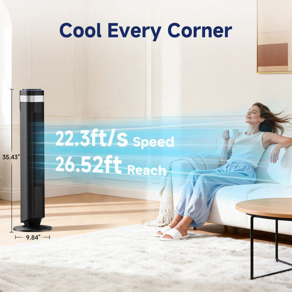 SHOUFTW Tower Fan Standing Bladeless, 23ft/s Velocity Quiet, 64° Oscillating with 5 Speeds, 4 Modes, 12H Timer for Indoor Bedroom