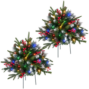 SHOUFTW Pre-Lit Frosted Artificial Christmas Urn Filler, Small Xmas Tree with 50 Warm Lights, Pine Cones & Red Berries for Indoor Outdoor Holiday Decor