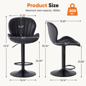 Set of 2 Swivel Bar Stools - Adjustable Height Modern Fabric Upholstered Barstools Counter Bar Chairs with Backrest for Kitchen Island & Home Bar, Black