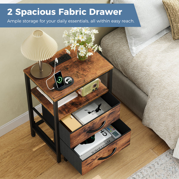 CONCETTA Small Nightstand with Charging Station, 2 Fabric Drawer, End Table with USB Ports and Outlets for Bedroom, Black，Black Brown，Rustic Brown，White