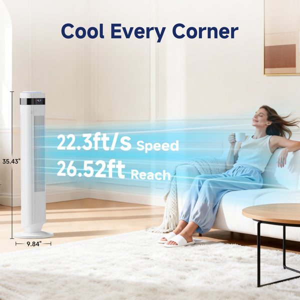 SHOUFTW Tower Fan Standing Bladeless, 23ft/s Velocity Quiet, 64° Oscillating with 5 Speeds, 4 Modes, 12H Timer for Indoor Bedroom