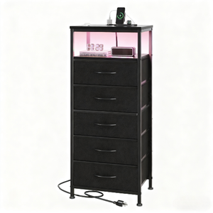 Fabric Drawers Nightstand with Charging Station, Bedside End Table with Power Outlet & USB/Type-C Ports, Iron Frame Structure, Adjustable Feet and Variable Light Strip for Bedroom