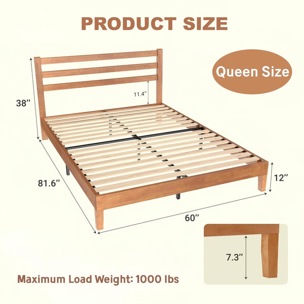 Wood Bed Frame with Headboard, Walnut Finish, Sturdy Slat Support, Ideal for Bedroom and Guest Room