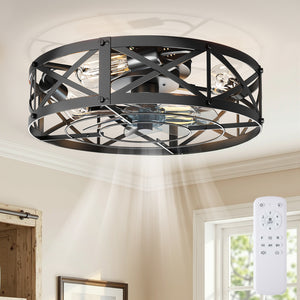 CONCETTA Farmhouse Flush Mount Ceiling Fan with Lights, Quiet Bladeless Fandelier for Bedroom Kitchen, Remote Control Rustic Low Profile Caged Ceiling Fan
