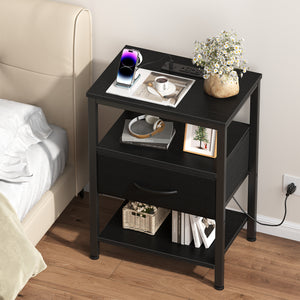CONCETTA Small Night Stand with Charging Station, 1 Fabric Drawer, USB Ports and Outlets, Open Storage Shelf Bedside End Table for Bedroom, Black，Black Brown,Rustic Brown，White