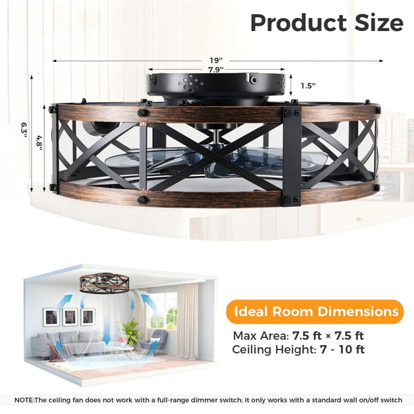 SHOUFTW Bladeless Farmhouse Flush Mount Ceiling Fan with Lights, Remote Control Rustic Low Profile Caged Quiet Fandelier for Bedroom Kitchen