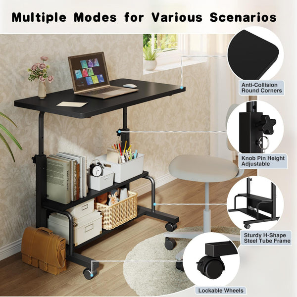 CONCETTA 31.5'' Adjustable Height Rolling Computer Desk with Storage Shelves, Portable Mobile Desk for Small Spaces Home Office
