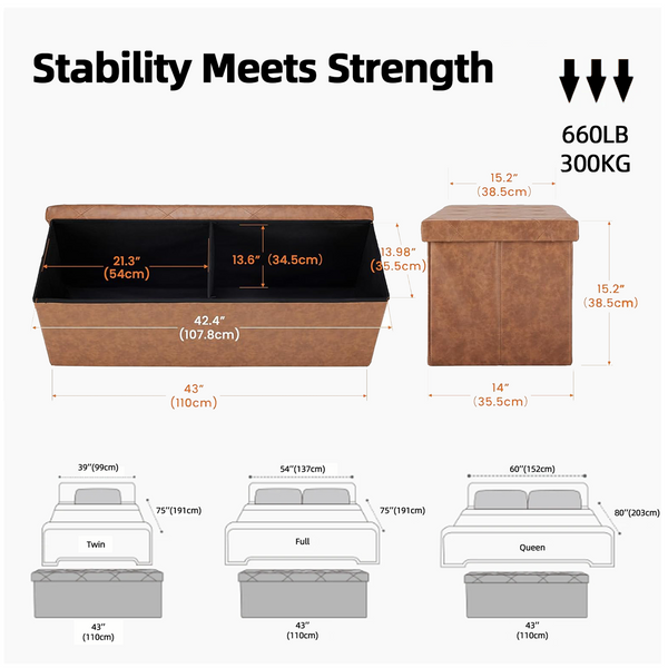 CONCETTA 43" Storage Ottoman Bench, Foldable Storage Chest, End of Bed Foot Stool with Padded Seat, Bedroom Bench, Support 660lbs, PVC Brown