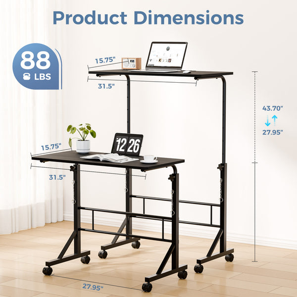 CONCETTA Adjustable Height Mobile Standing Desk with Wheels, 16"x31.5" Small Rolling Computer Desk for Home Office