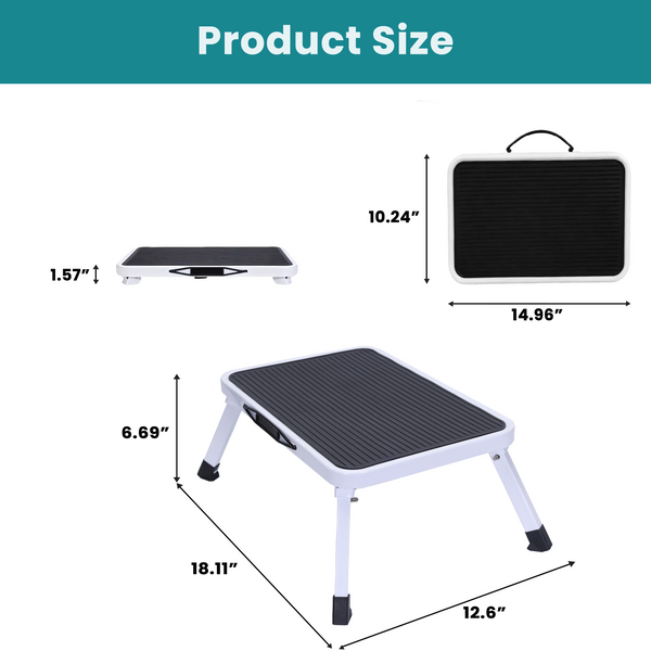 Foldable car wash stool with carrying handle and non-slip platform, single-step rubber foot ladder, supports up to 330 lbs, sturdy metal folding stool, suitable for RVs, trucks, home kitchen
