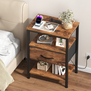 CONCETTA Small Night Stand with Charging Station, 1 Fabric Drawer, USB Ports and Outlets, Open Storage Shelf Bedside End Table for Bedroom, Black，Black Brown,Rustic Brown，White