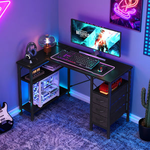 47"L Shaped Computer Desk with 3 Drawers, Power Outlets, USB Ports, and Monitor Stand, Corner Gaming Desk for Home Office